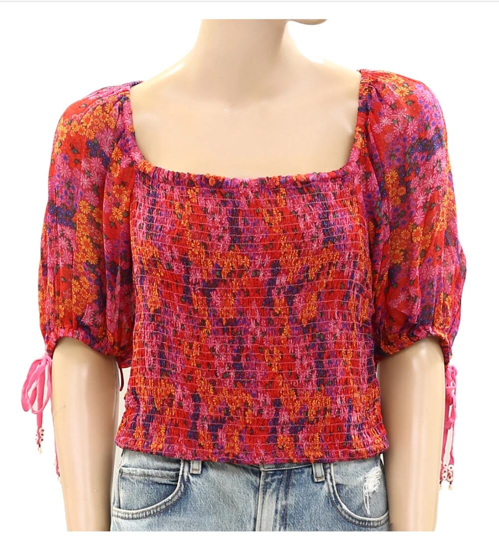 Free People Back on Top Floral Smocked Puff Sleeve Crop